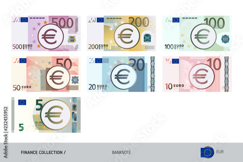 Euro Banknotes set. Flat style highly detailed vector illustration. Isolated on white background. Suitable for print materials, web design, mobile app and infographics.
