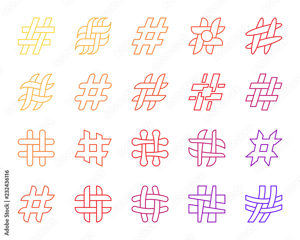 Hashtag simple social media line icons vector set