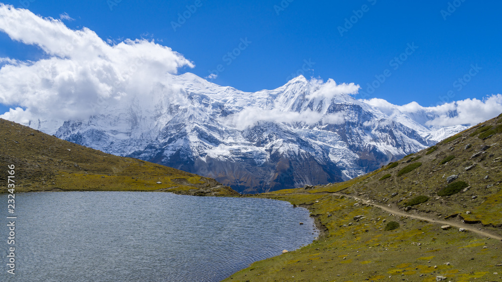 Panoramic view of Annapurna range from Ice Lake, way to Thorung La pass, round Annapurna circuit trekking trail, Nepal