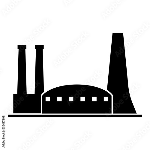 Factory icon. Vector industrial buildings pictograms. Black silhouettes of manufacturing objects isolated on white. Simple industrial monochrome icon.