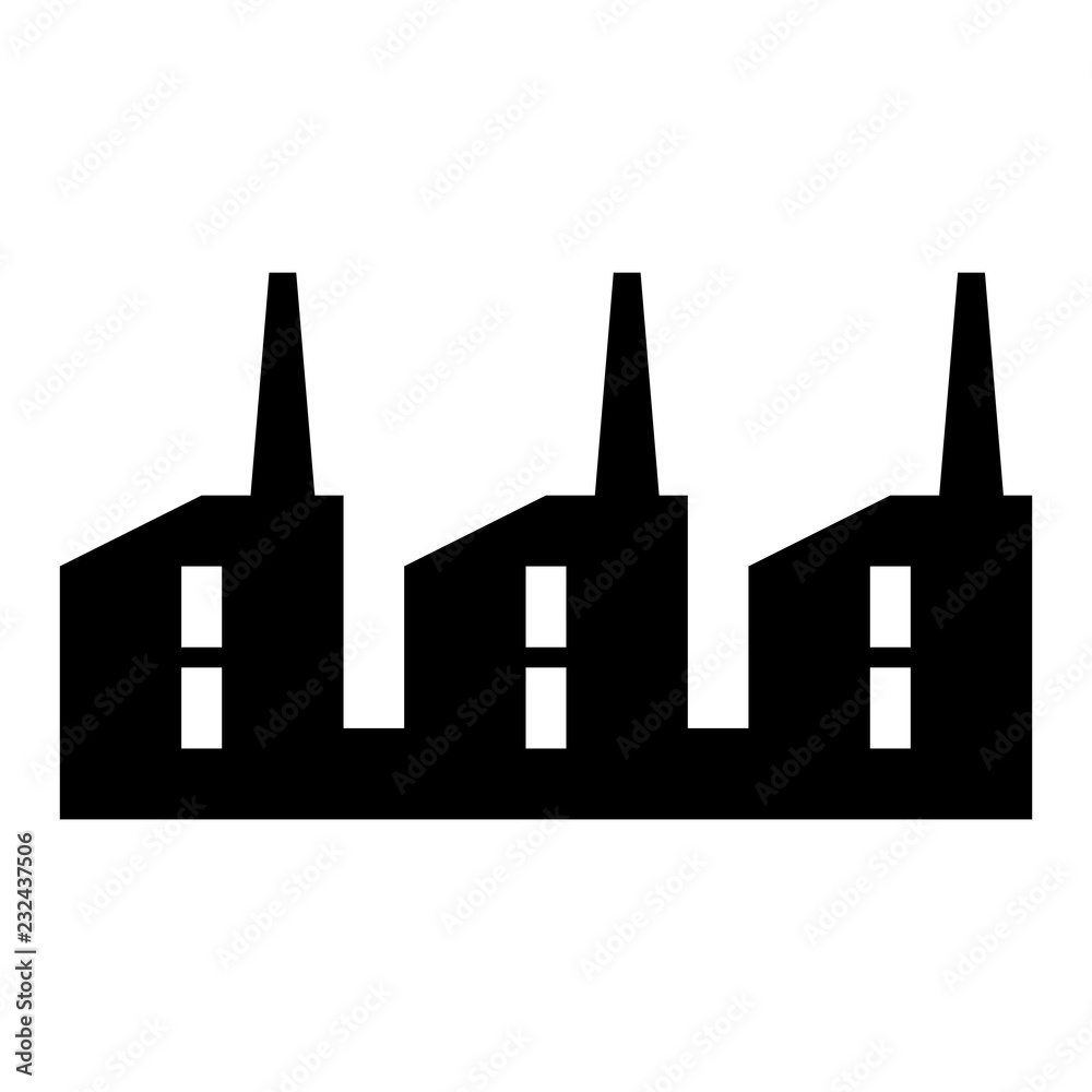 Factory icon. Vector industrial buildings pictograms. Black silhouettes of manufacturing objects isolated on white. Simple industrial monochrome icon