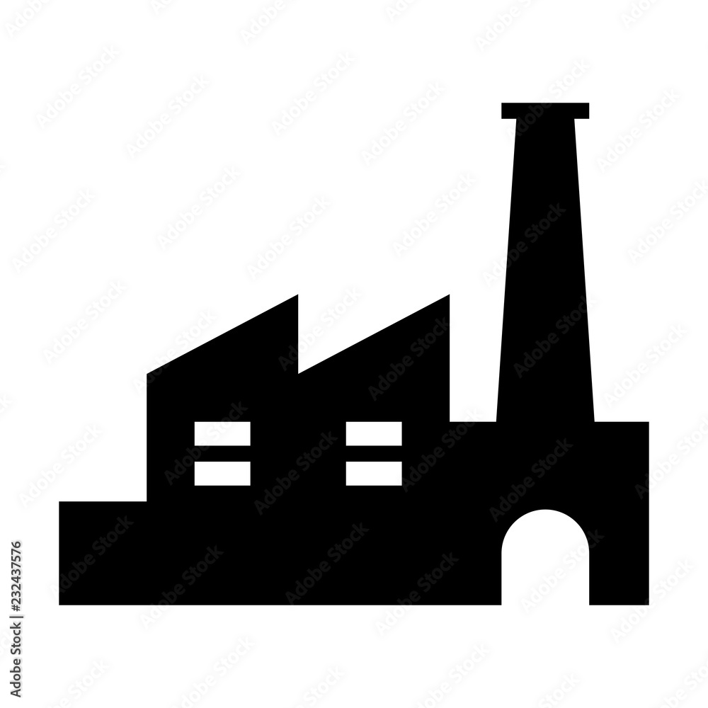 Factory icon. Vector industrial buildings pictograms. Black silhouettes of manufacturing objects isolated on white. Simple industrial monochrome icon