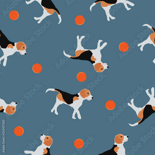 Seamless pattern Beagle dogs, balls on blue, vector eps 10