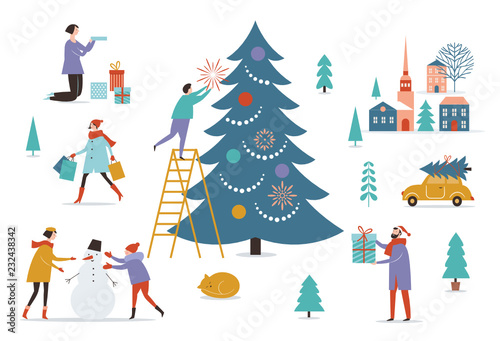 Winter scenery. Decorating christmas tree.Merry Christmas and Happy New Year's card 