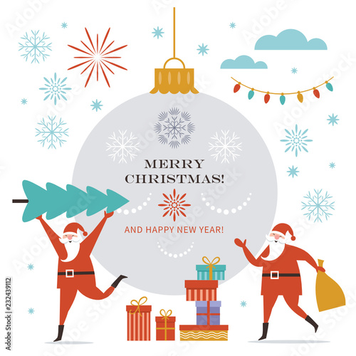 Santa Claus carry big Christmas tree and present sack. Greeting card. Merry Christmas and Happy New Year , flat vector illustration