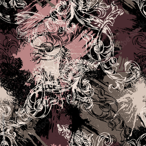 Eclectic seamless pattern with spray paint and Baroque ornament.