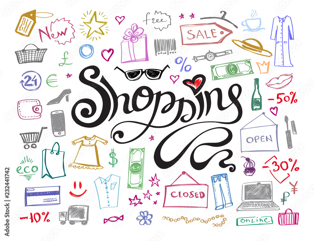 Hand drawn shopping lettering with doodle colorful line icons pattern.  Abstract sale or offer background. Vector illustration