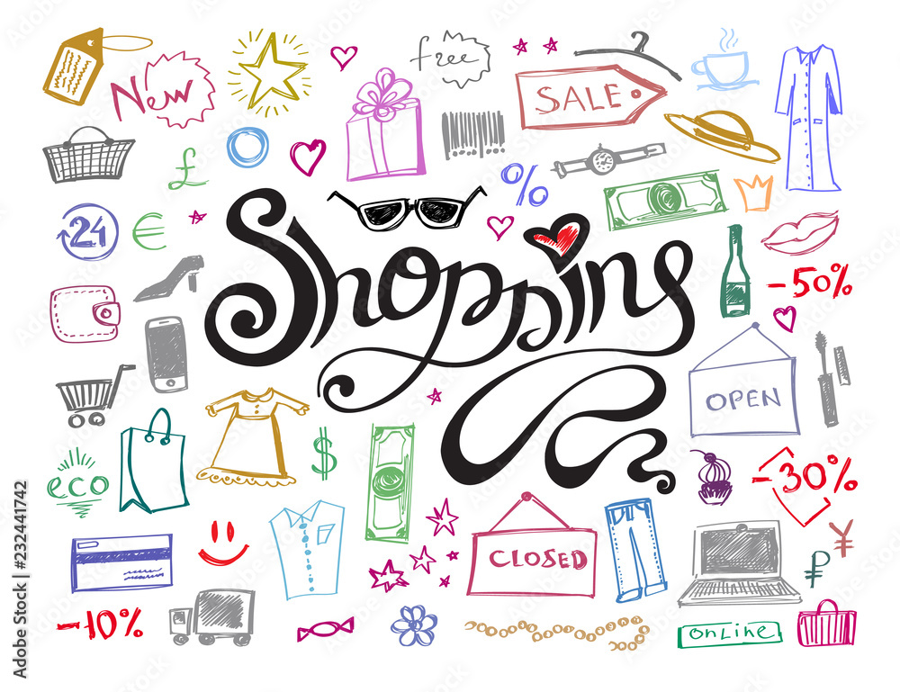 Fototapeta premium Hand drawn shopping lettering with doodle colorful line icons pattern. Abstract sale or offer background. Vector illustration