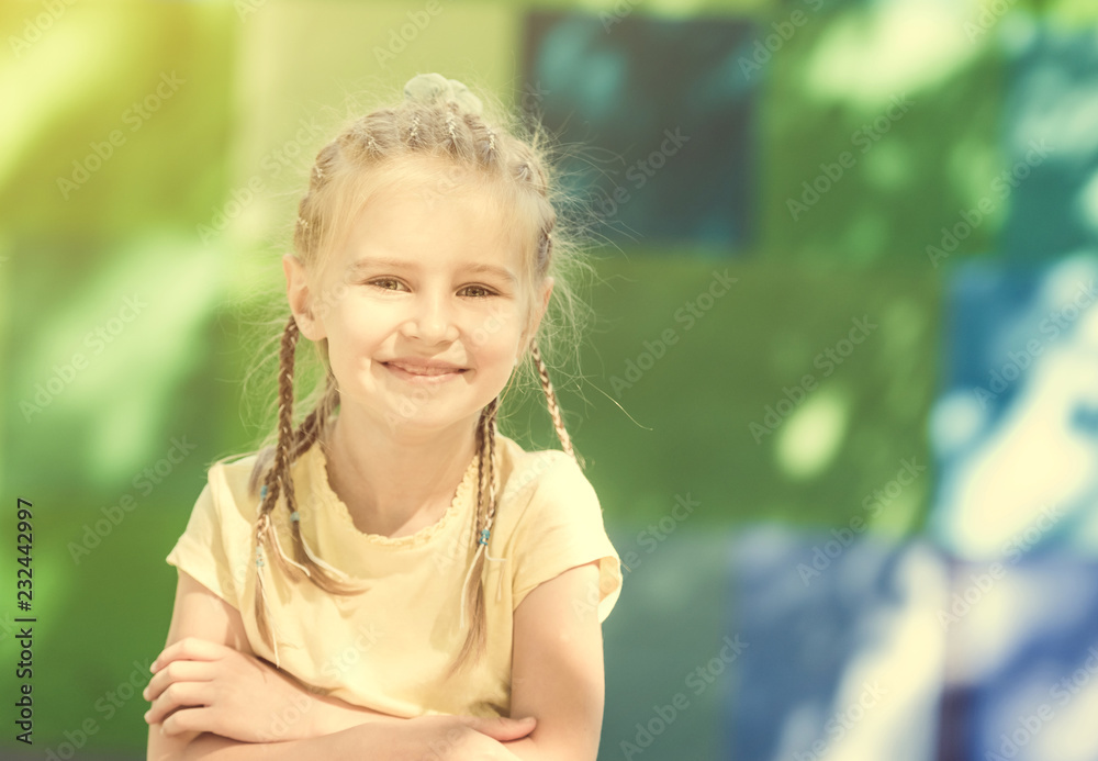 cute little girl smiling in the morning park cute little girl smiling in the morning park