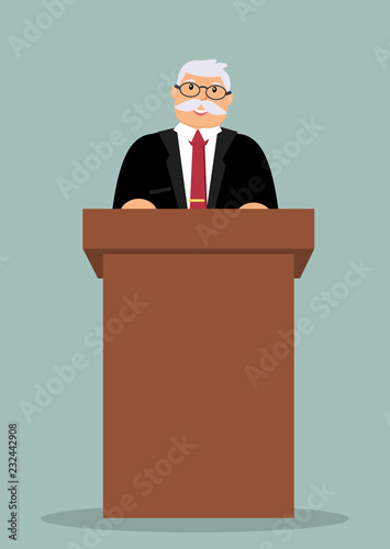 Smiling elderly businessman stands behind the brown wooden lectern and carries out the report. Blue background. Vector illustration