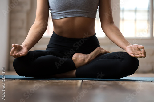 Young sporty woman practicing yoga, doing Ardha Padmasana exercise, Half Lotus pose with mudra gesture, working out, wearing sportswear, indoor close up, white yoga studio. Well-being concept