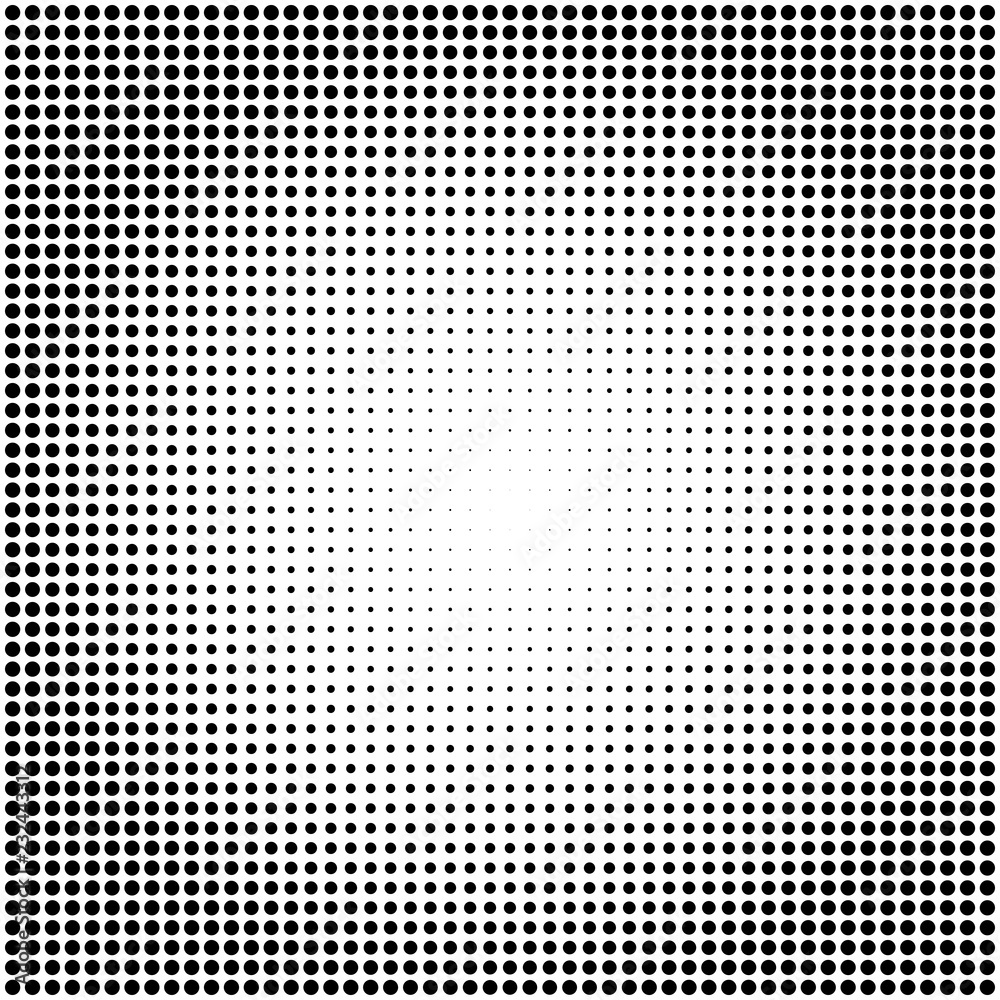 Abstract vector black and white dotted halftone background. Dot radial pattern