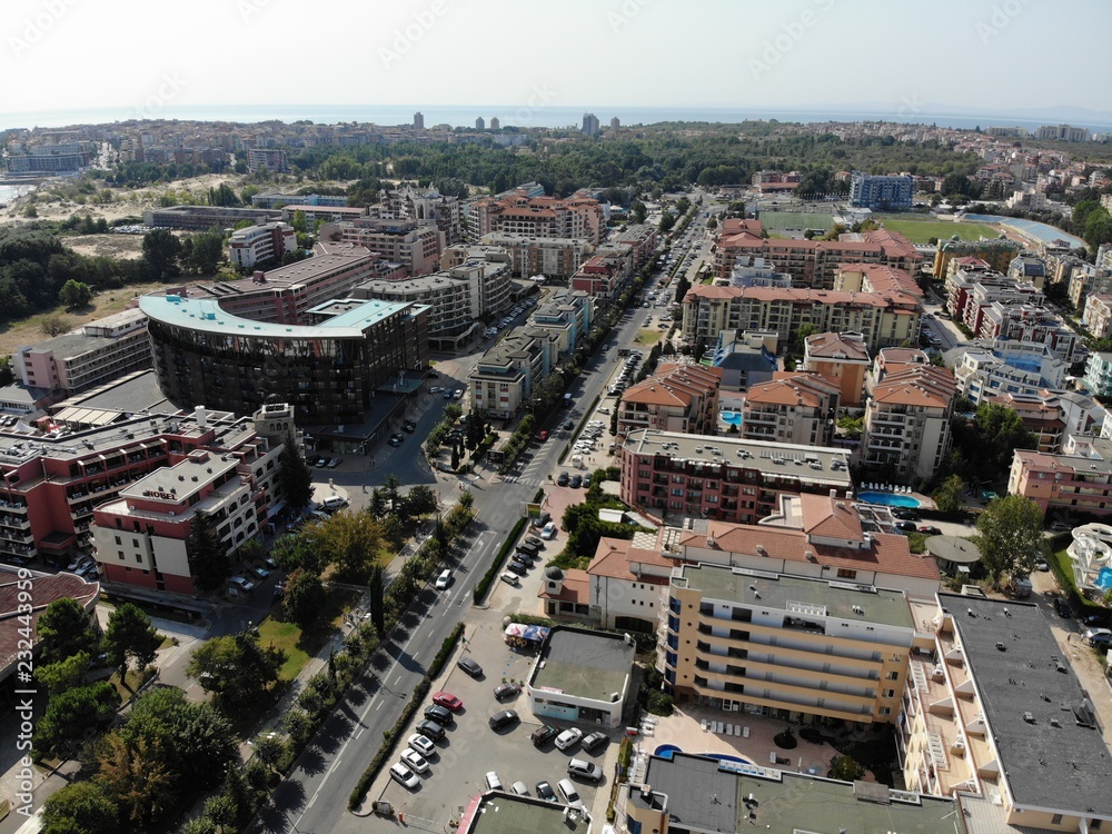 Fototapeta premium Bulgaria aerial photo of the beautiful hotel and city area of Sunny Beach near Nesebar