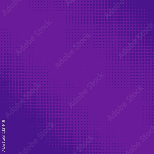 Purple halftone dots. Colorful geometric gradient for pop art designs. Dotted geometric retro pattern. Comic halftone background