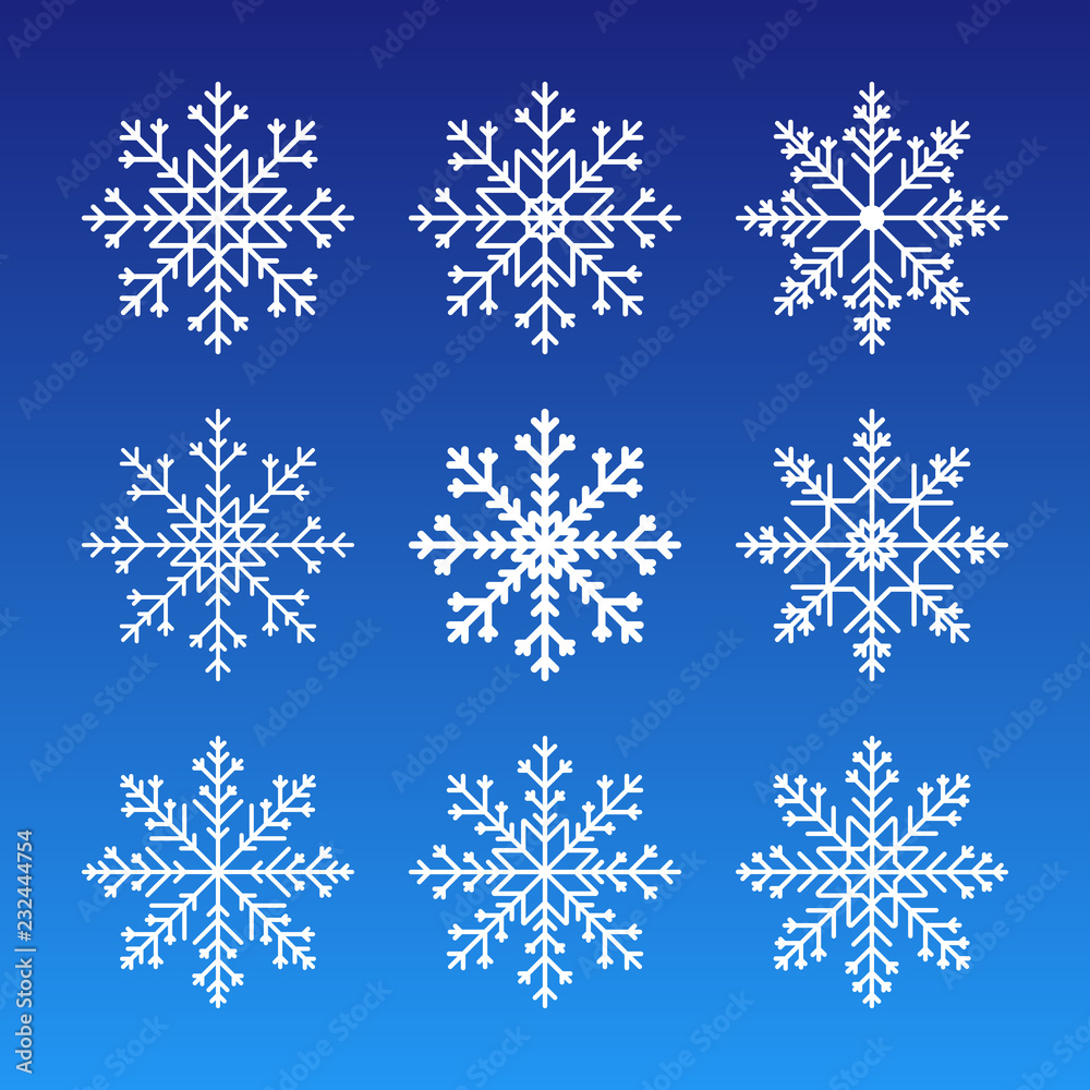 Cute snowflakes collection isolated on dark background. Flat snow icons silhouette. Nice element for christmas banner, cards. New year ornament Cute snowflakes collection isolated on dark background. Flat snow icons silhouette. Nice element for christmas banner, cards. New year ornament