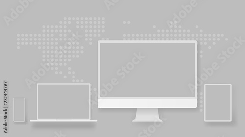 White desktop computer display screen smartphone tablet portable notebook or laptop. Outline mockup electronics devices phone monitor lines realistic simple isolated 3d vector set