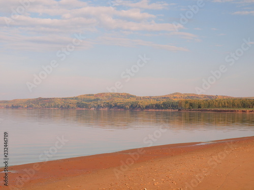 Autumn beach, river. Russian autumn nature. Russia, Ural, Perm region