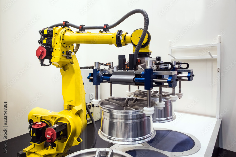 Fototapeta premium Automatic Industrial Robot, auto service working process
