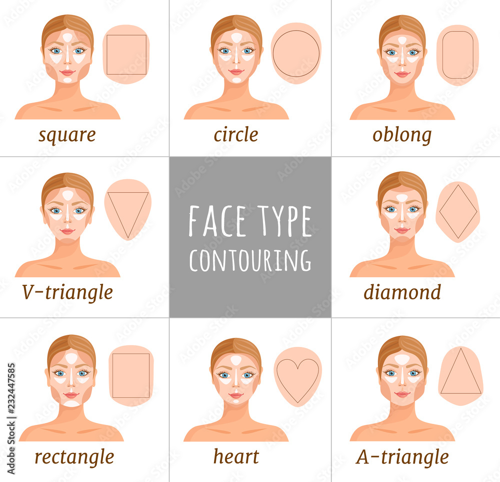 Contouring for different face shapes. Vector makeup guide. A of female faces with contouring. How to contour highlight different types of faces. Vector Adobe Stock