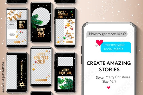 Editable stories templates, Merry Christmas and Happy New Year, streaming, create your amazing stories, set for brands and blogger, web banner for social media mobile apps, vector illustration.