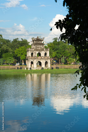 Turtle Tower (Thap Rua) in Hoan Kiem lake (Sword lake, Ho Guom) in Hanoi, Vietnam.