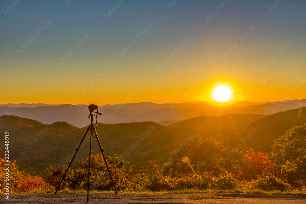 Camera and Tripod at Sunset in Smoky Mountans
