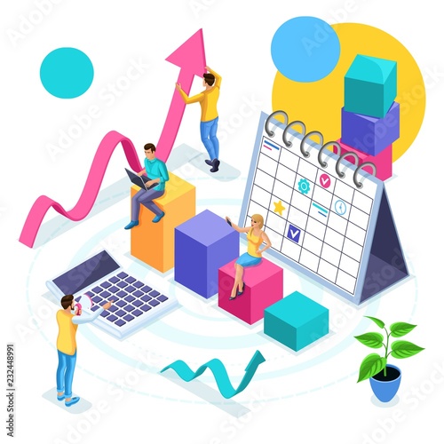 Isometric concept of business planning and strategy development, young entrepreneurs View the analyst to check revenues, success rates