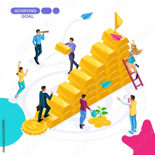 Isometric business concept, project completion, goal achievement, project launch, money, finance. Young entrepreneurs are working on a business strategy
