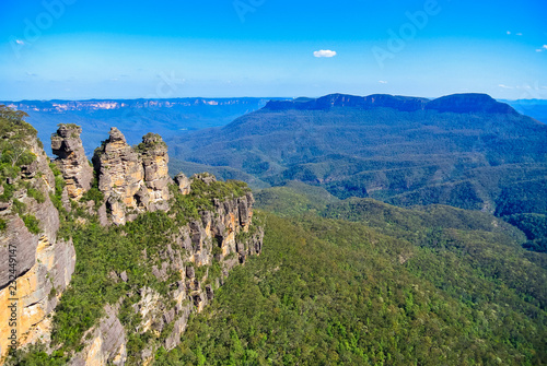 Spectacular view over famous Three Sisters landmark from Echo Point lookout in Blue Mountains National Park near Sydney, Australia photo