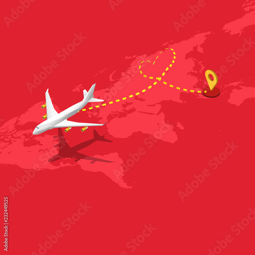 Isometric flat design travel the world transportation airplane drawing a heart shape ant path flying from Asia