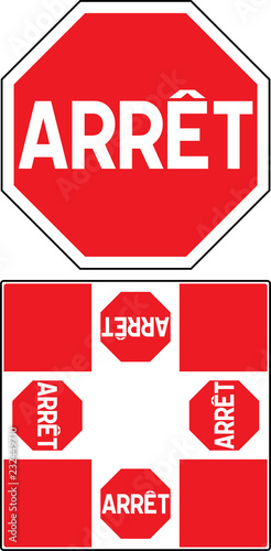 Road sign in Quebec: STOP. Traffic stop sign on pure white. Red octagonal stop sign for prohibited activities. illustration