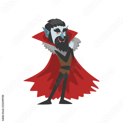  reepy Count Dracula character, vampire wearing in a red cape vector Illustration on a white background photo