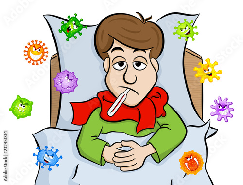 cartoon man lying in bed with fever and is surrounded by viruses