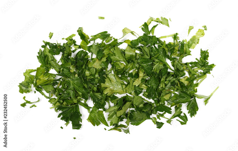 Fototapeta premium Fresh sliced up green parsley leaves isolated on white background, top view 