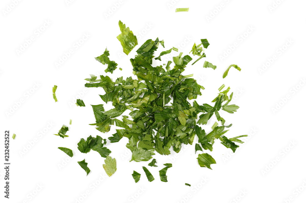 Fresh sliced up green parsley leaves isolated on white background, top view  - obrazy, fototapety, plakaty 
