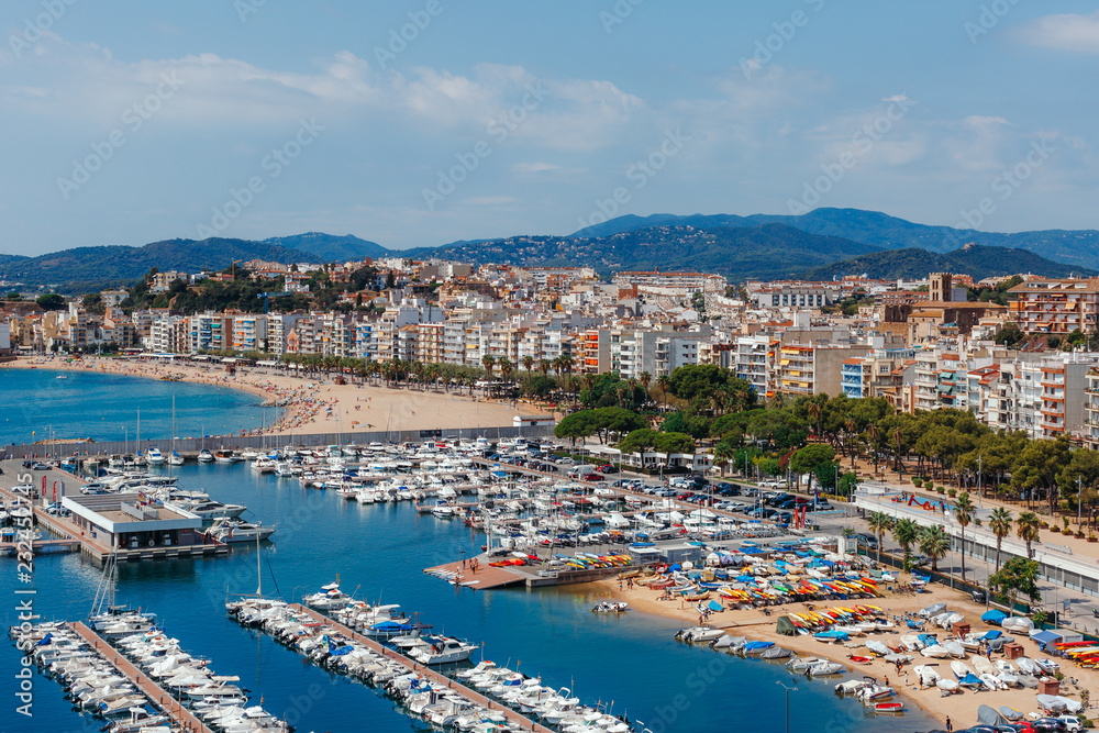 Panoramic aerial view of Blanes in Costa Brava in a beautiful summer day, Spain	