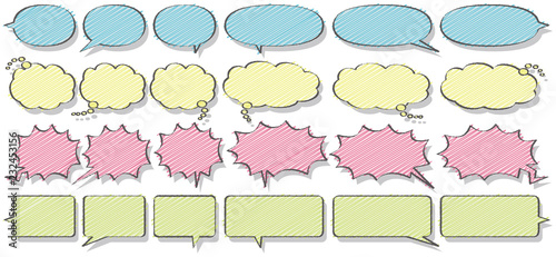 漫画風フキダシベーシック横書き用(手書風線画に落書き風着色の背景色と影あり)