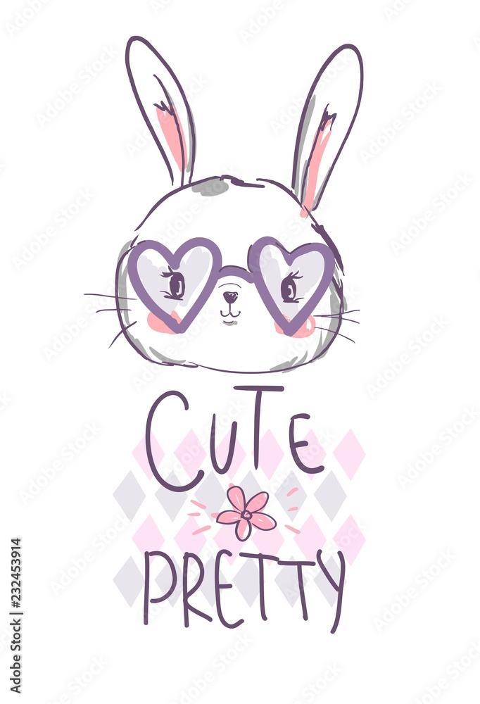 Hand Drawn Cute rabbit with glassesVector Illustration, Childrens Print Design for T-Shirt, Childish theme textile. Hand Drawn Cute rabbit with glassesVector Illustration, Childrens Print Design for T-Shirt, Childish theme textile.