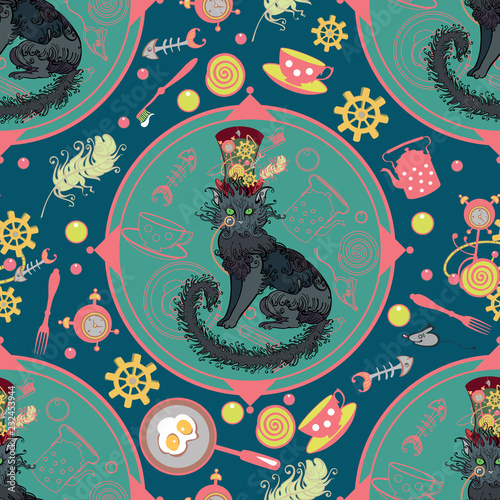 Crazy morning and a black cat. Seamless pattern