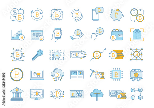 Bitcoin cryptocurrency color icons set