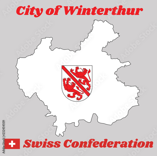 Map outline and Coat of arms of Winterthur, The city in the canton of Zurich in Switzerland with name text City of Winterthur and Swiss Confederation.