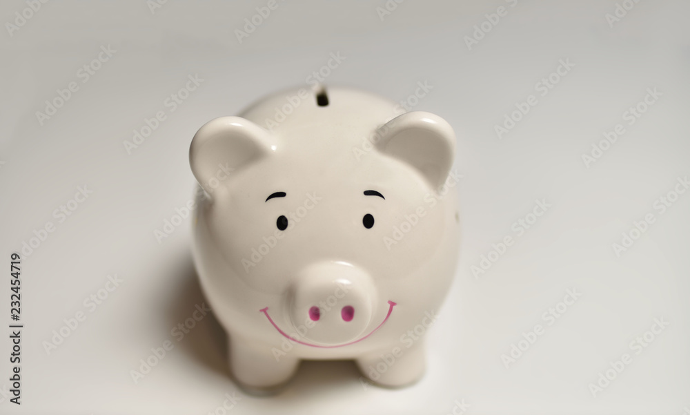 Finance, saving money, white piggy bank on seamless white background.