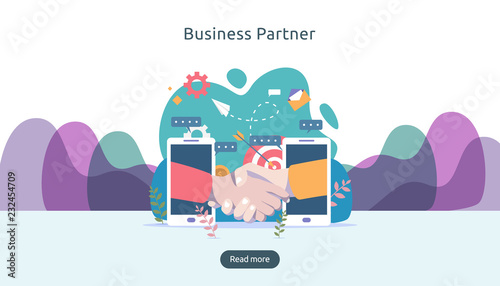 Business partnership relation concept with hand shake and tiny people character. team working together template for web landing page, banner, presentation, mockup, social media. Vector illustration.