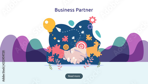 Business partnership relation concept with hand shake and tiny people character. team working together template for web landing page, banner, presentation, mockup, social media. Vector illustration.