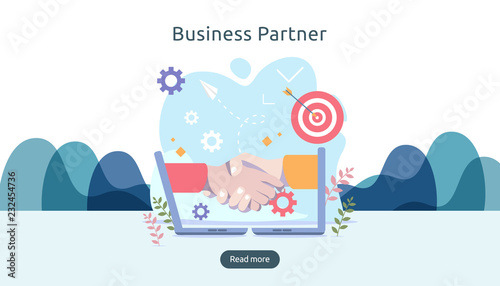 Business partnership relation concept with hand shake and tiny people character. team working together template for web landing page, banner, presentation, mockup, social media. Vector illustration.