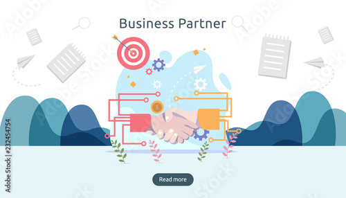Business partnership relation concept with hand shake and tiny people character. team working together template for web landing page, banner, presentation, mockup, social media. Vector illustration.