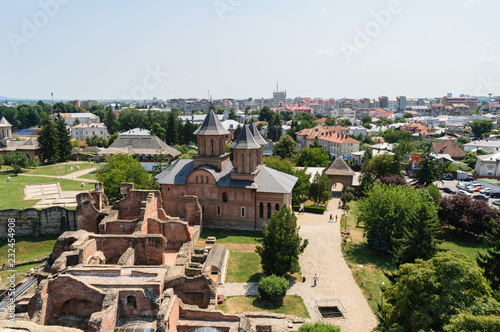 Targoviste, Romania - August 15, 2017: Aerial view of the Princely Court showing St. Friday Church in Targoviste, Dambovita, Romania.
