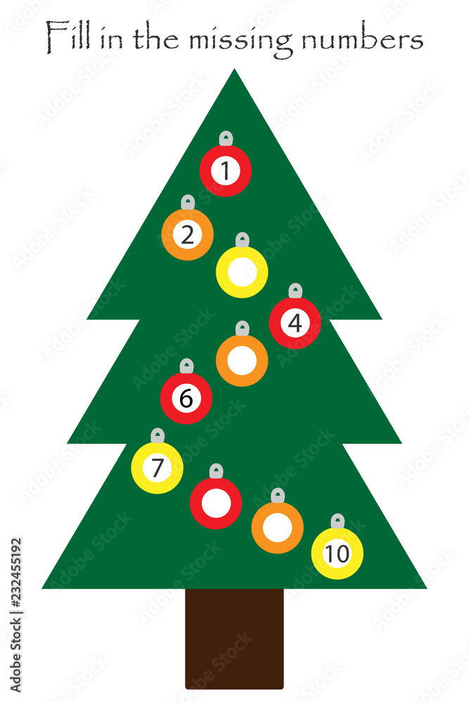 Game with christmas tree for children, fill in the missing numbers, easy level, education game for kids, school worksheet activity, task for the development of logical thinking, vector illustration Game with christmas tree for children, fill in the missing numbers, easy level, education game for kids, school worksheet activity, task for the development of logical thinking, vector illustration