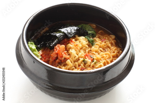 Korean food, kimchi and ramen noodles