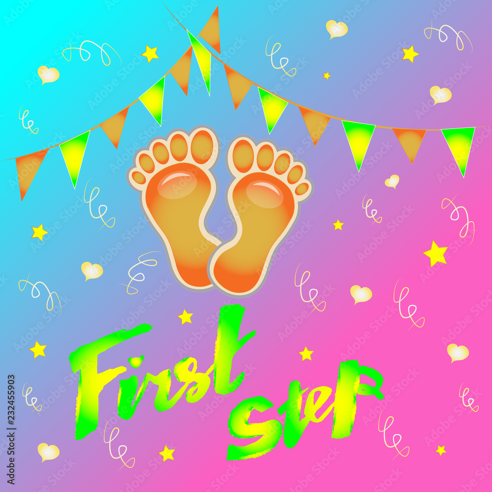 Fototapeta premium Handwritten brush lettering vector illustration of the text first step-print for children's clothing, children's greeting card, children's holiday, text for children's clothing. Future success. EPS10